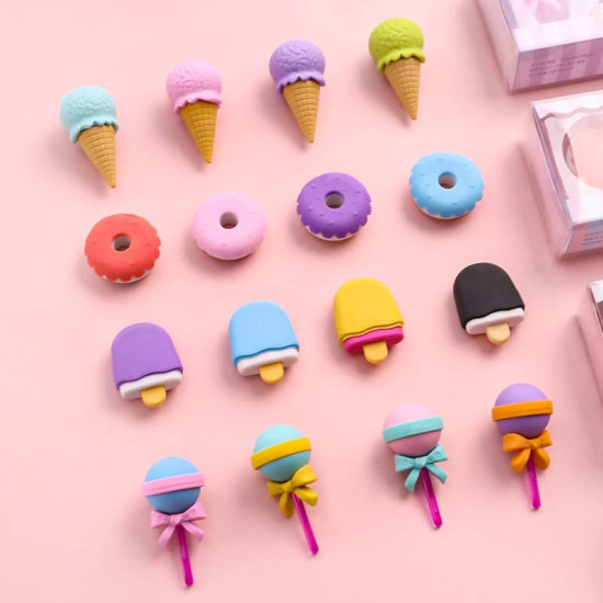 Dessert Erasers Set Lollipop Ice cream Popsicle Doughnuts Rubber Pencil Eraser for Kids School Students Novelty Erasers School Stationery Kanjak Return Gift for Girls Birthday Party Favors - 4 Packs (16 Erasers)