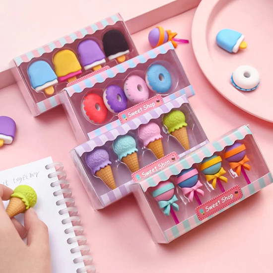 Dessert Erasers Set Lollipop Ice cream Popsicle Doughnuts Rubber Pencil Eraser for Kids School Students Novelty Erasers School Stationery Kanjak Return Gift for Girls Birthday Party Favors - 4 Packs (16 Erasers)