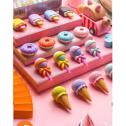Dessert Erasers Set Lollipop Ice cream Popsicle Doughnuts Rubber Pencil Eraser for Kids School Students Novelty Erasers School Stationery Kanjak Return Gift for Girls Birthday Party Favors - 4 Packs (16 Erasers)
