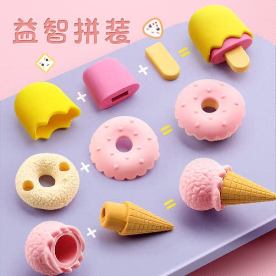 Dessert Erasers Set Lollipop Ice cream Popsicle Doughnuts Rubber Pencil Eraser for Kids School Students Novelty Erasers School Stationery Kanjak Return Gift for Girls Birthday Party Favors - 4 Packs (16 Erasers)