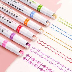 Set of 6 Curve Highlighter Pen Set, Linear Roller Color Pens,Dual Tip Pens with 6 Different Curve Shapes Fine Tips, Colorful Pattern - Heart/flower/curve/dotted Line/Slash/Dot,for Writing,Drawing