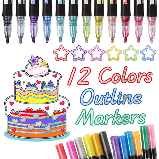 Outline Metallic Paint Markers, 12 Colors + Water Floating Pens, (8 Colors) + Spray Blow Pens (6 Colors) | COMBO OF 3