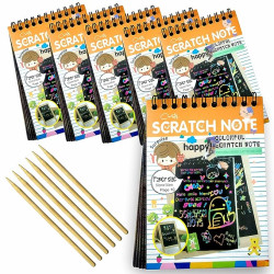 Rainbow Scratch Note Book Paper Magic Doodle Note Pad For Kids, Arts & Crafts Painting Sketching With Wooden Pencil | For Birthday Return Gifts For Kids Children Girls, Boys| SIZE-A6 | Multicolor - Set of 6