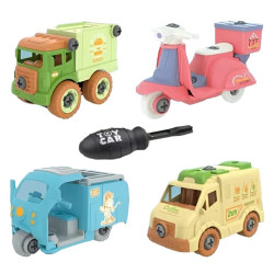Branded DIY Food Transport Vehicles Take Apart Toy 4 Pack with 1 Screwdriver Tool | Kids STEM Toys Including 1 Scooter, 1 Truck, 1 Rickshaw, and 1 Van for Toddlers Boys 2 3 4 5 6 Year Old