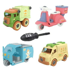 Branded DIY Food Transport Vehicles Take Apart Toy 4 Pack with 1 Screwdriver Tool | Kids STEM Toys Including 1 Scooter, 1 Truck, 1 Rickshaw, and 1 Van for Toddlers Boys 2 3 4 5 6 Year Old