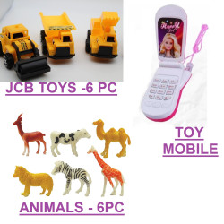 Combo of 3 | JCB Truck Machine (Set of 6) + Animal (Set of 6) Action Figure Toy + Musical Sound Mobile Phone Toy | Speech and Therapy Activity for Kids