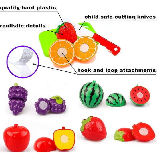 Realistic Sliceable 7 Pcs Fruits Cutting Play Toy Set (5 Random Fruits and Vegetables + Board and Knife) 