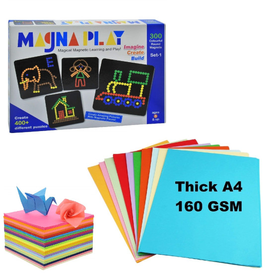 Combo of 3 | Busy Bear Magna Play Multicolour Magnetic Board Game for Kids (Plastic Stand) Model: SET-1 + 20 Pages A4 Colored Sheets + 20 Origami Sheets (6 Inch) | 1 Magna Play Set + 20 Colored A4 Sheet + 20 Origami Sheets