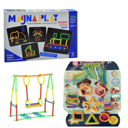 Combo of Busy Bear Magna Play Multicolour Magnetic Board Game for Kids (Plastic Stand) Model: SET-1 + 3D Educational Stick Pipe Building Blocks (Random Color)
