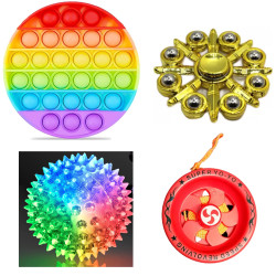 Combo Kit of Pop-It + Metal Fidget Spinner + Spike Light Ball + YoYo - Random Shape/Color - Combo of 4 | Autism Special Needs Sensory and Hand Eye Coordination Activity Set