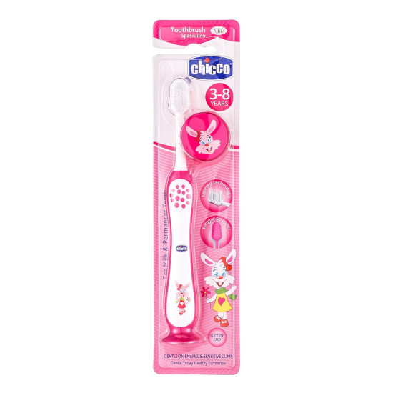 Chicco Cartoon Kids Toothbrush| 3 YEAR - 8 YEAR | BPA free | Soft Tapered Bristles With Cap/Cover |Random Color | FOR GIRLS | PACK OF 2