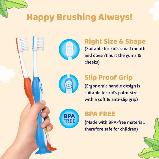 Chicco Cartoon Kids Toothbrush| 3 YEAR - 8 YEAR | BPA free | Soft Tapered Bristles With Cap/Cover |Random Color | FOR BOYS | PACK OF 1
