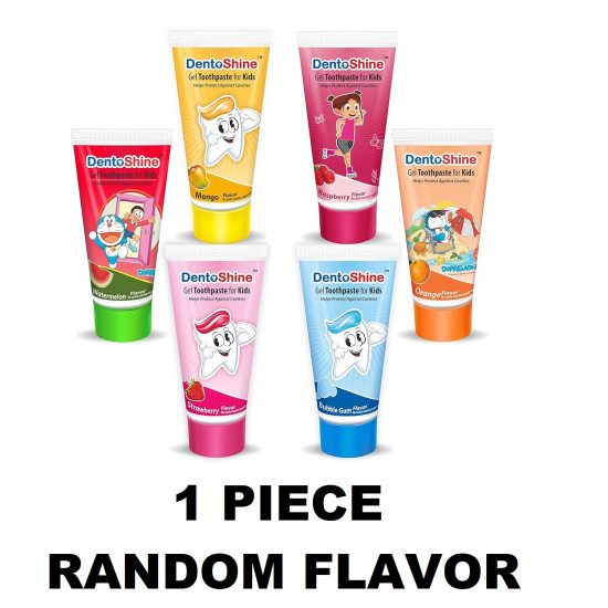 DentoShine Gel Toothpaste for Kids - Assorted Flavors (Bubble Gum, Mango, Orange, Raspberry, Strawberry, Watermelon) - 80 gm Each | Random Flavor | Pack of 1 DentoShine Gel Toothpaste for Kids - Assorted Flavors (Bubble Gum, Mango, Orange, Raspberry, Strawberry, Watermelon) - 80 gm Each | Random Flavor | Pack of 1