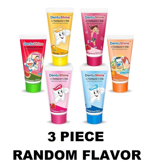 DentoShine Gel Toothpaste for Kids - Assorted Flavors (Bubble Gum, Mango, Orange, Raspberry, Strawberry, Watermelon) - 80 gm Each | Random Flavor | Pack of 3 DentoShine Gel Toothpaste for Kids - Assorted Flavors (Bubble Gum, Mango, Orange, Raspberry, Strawberry, Watermelon) - 80 gm Each | Random Flavor | Pack of 3