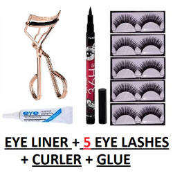 New Fashion 5 Pieces Eyelashes with Eyelash Glue and Eyelash Curler With 36Hrs Waterproof Eyeliner Combo Kit | Combo