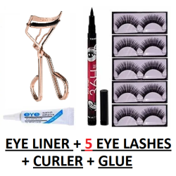 New Fashion 5 Pieces Eyelashes with Eyelash Glue and Eyelash Curler With 36Hrs Waterproof Eyeliner Combo Kit | Combo