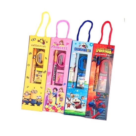 Stationery Gift Set for Kids for Small Gift Sets Mix Designer Set Box Included 2 Pencils, 1 Scale, 1 Eraser and 1 Sharpener Return Gift Set Rakhi Gift for Sisters Festivals Gift - 4 PCS Set