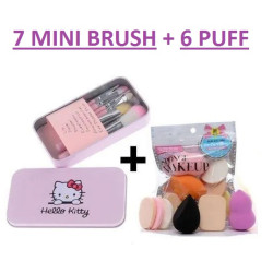 Soft Bristle Makeup Mini Brush Kit With Hello Kitty Print Storage Box | Makeup Blending Brushes Set of 7 + 6 Makeup Sponge Puff (MULTICOLOR) - COMBO OF 2