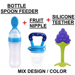 Infant Squeezy Food Grade Silicone Bottle Spoon Feeder Used for Semi Solid Food + Fresh Fruit Vegetable Food Nipple Nibbler + Soft Attractive Silicone Teether | BPA Free Set for Babies/Toddlers | Multi-Designs/Color | Combo of 3