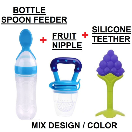 Infant Squeezy Food Grade Silicone Bottle Spoon Feeder Used for Semi Solid Food + Fresh Fruit Vegetable Food Nipple Nibbler + Soft Attractive Silicone Teether | BPA Free Set for Babies/Toddlers | Multi-Designs/Color | Combo of 3