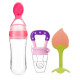 Infant Squeezy Food Grade Silicone Bottle Spoon Feeder Used for Semi Solid Food + Fresh Fruit Vegetable Food Nipple Nibbler + Soft Attractive Silicone Teether | BPA Free Set for Babies/Toddlers | Multi-Designs/Color | Combo of 3