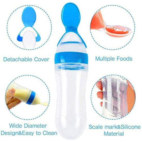 Infant Squeezy Food Grade Silicone Bottle Spoon Feeder Used for Semi Solid Food + Fresh Fruit Vegetable Food Nipple Nibbler | BPA Free Set for Babies/Toddlers | Multi-Designs/Color | Combo of 2