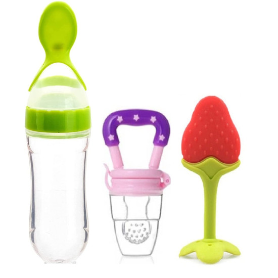 Infant Squeezy Food Grade Silicone Bottle Spoon Feeder Used for Semi Solid Food + Fresh Fruit Vegetable Food Nipple Nibbler + Soft Attractive Silicone Teether | BPA Free Set for Babies/Toddlers | Multi-Designs/Color | Combo of 3