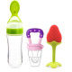 Infant Squeezy Food Grade Silicone Bottle Spoon Feeder Used for Semi Solid Food + Fresh Fruit Vegetable Food Nipple Nibbler + Soft Attractive Silicone Teether | BPA Free Set for Babies/Toddlers | Multi-Designs/Color | Combo of 3