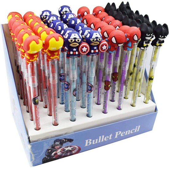 Designer Bullet Pencils Avenger Superhero Design Assorted Colours Birthday Gift Return Gifts for Kids Spiderman Captain America Iron Man Batman - Pack of 4 Designer Bullet Pencils Avenger Superhero Design Assorted Colours Birthday Gift Return Gifts for Kids Spiderman Captain America Iron Man Batman - Pack of 4