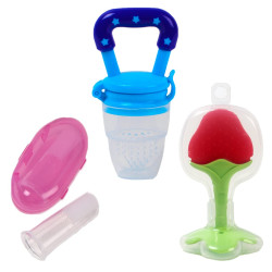 Baby Finger ToothBrush With Case  + Baby Fresh Fruit Vegetable Food Nipple Nibbler + Baby Soft Attractive Silicone Teether | BPA Free Set | Multi-Designs/Color | Combo of 3