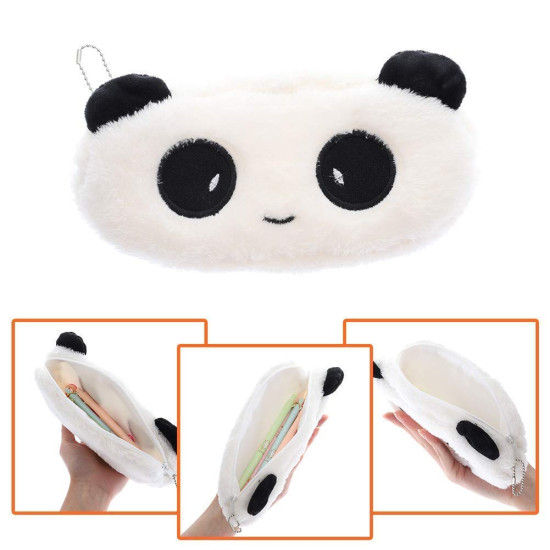 Cute Panda Faux Fur Pencil Pouch Stationery Organiser (Random Design) - Pack of 4