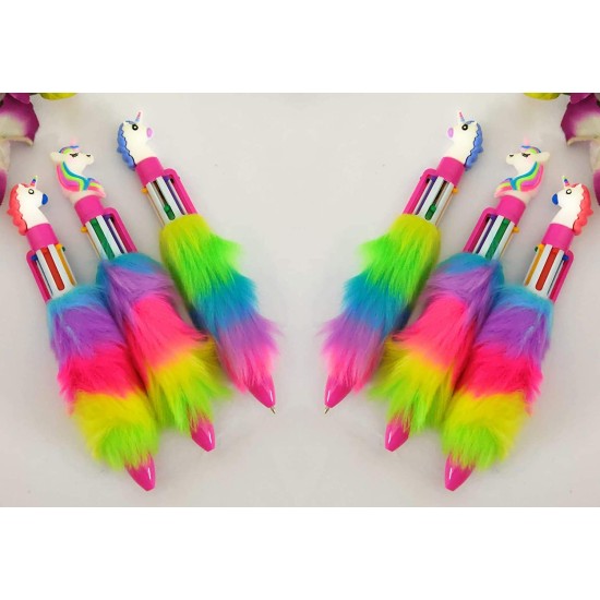 Unicorn Fur Pen (6 in one) retractable roller ball pen with multicolor feather Unicorn stylish pen for girls and boys, best for return gifts for kids & for School supplies students - PACK OF 1