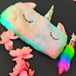 Combo of Unicorn Fur Pencil Pouch + Unicorn Feather Pen | For Girls (Random Color) - Combo of 2