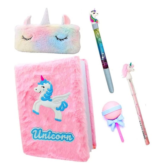 Unicorn combo | Unicorn Fur Diary/Notebook for girls + Unicorn Fur Pencil Box / Case + Unicorn Water Glitter Pen + Unicorn Bullet pencil + Fancy Eraser - Combo of 5