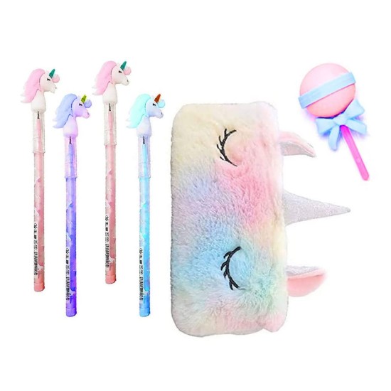 Combo of Unicorn Stationery Includes 4 Unicorn Plastic Pencils , 1 Unicorn Fur Pencil Pouch Pencil Case and 1 Designer Eraser Unique Design Eraser Multicolor - Combo of 6 Combo of Unicorn Stationery Includes 4 Unicorn Plastic Pencils , 1 Unicorn Fur Pencil Pouch Pencil Case and 1 Designer Eraser Unique Design Eraser Multicolor - Combo of 6