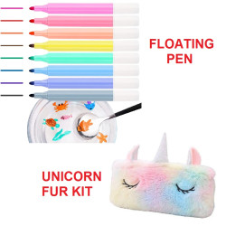 Magical Water Painting Pen, Doodle Water Floating Pens + Unicorn Fur Pouches Pencil Cases for Kids (Mix Design) | Combo of 1+1