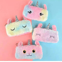 Unicorn Fur Pouch | Stationery Pencil Pouch for Girls | Storage Bag Travel Pouch for School Pouch for Students (Random Color) - Pack of 4