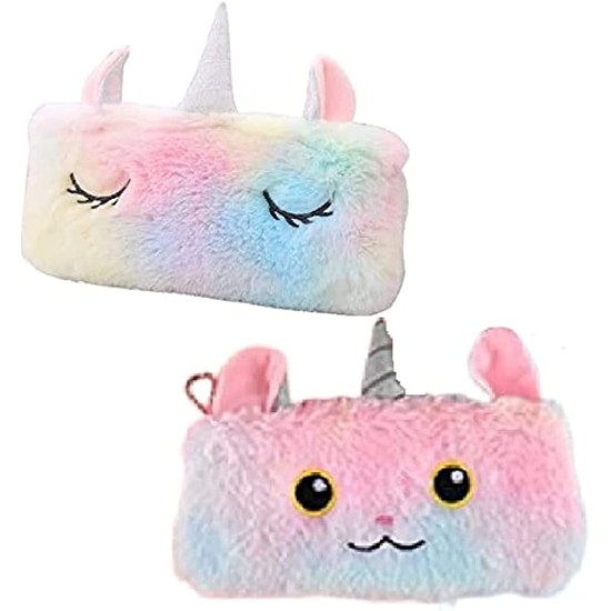 Unicorn Fur Pouch | Stationery Pencil Pouch for Girls | Storage Bag Travel Pouch for School Pouch for Students (Random Color) - Pack of 2