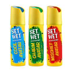 SET WET Deodorant Spray Perfume Cool + Charm + Mischief Avatar for men, 150ml (BLUE+GREEN+RED) - COMBO of 3