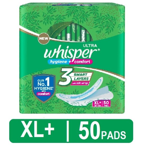 Whisper Ultra Clean Sanitary Pads for Women|50 thin Pads|XL+|Hygiene & Comfort|Soft Wings|Dry top sheet|Suitable for Heavy flow|Odour free|31.7 cm Long|With disposable wrap