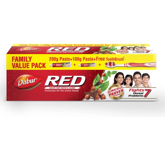 Dabur Red Toothpaste - 300g Family Pack with Toothbrush | World's No.1 Ayurvedic Paste | Provides Germ Protection, Cavity Protection, Plaque Removal | Prevents Gum Bleeding, Yellow Teeth, Toothache, Bad Breath Dabur Red Toothpaste - 300g Family Pack with Toothbrush | World's No.1 Ayurvedic Paste | Provides Germ Protection, Cavity Protection, Plaque Removal | Prevents Gum Bleeding, Yellow Teeth, Toothache, Bad Breath