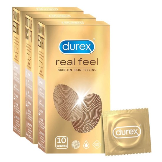 Durex Real Feel Condoms for Men - 10 Count| For Real Skin on Skin Feeling| Latex Free | Secret Packing of Parcel - Pack of 3 Durex Real Feel Condoms for Men - 10 Count| For Real Skin on Skin Feeling| Latex Free | Secret Packing of Parcel - Pack of 3