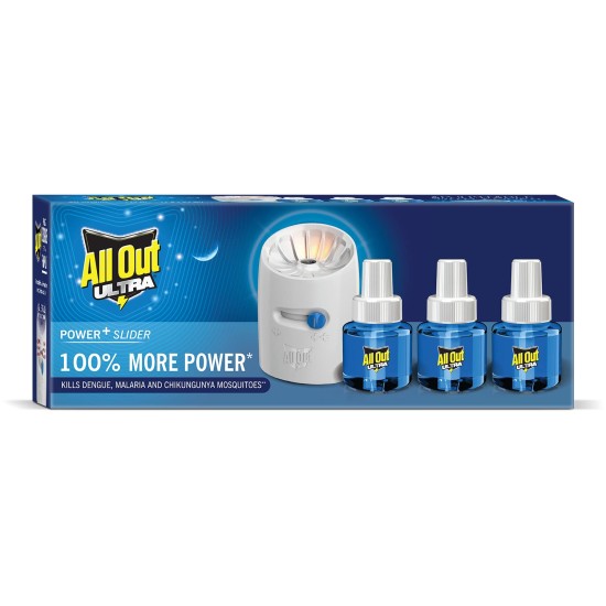 All Out Ultra Combo Pack 3 Refill + 1 Machine | Ultra Liquid Power | Kills Dengue Mosquitoes | 100% More Power Mosquito Repellent, Blue