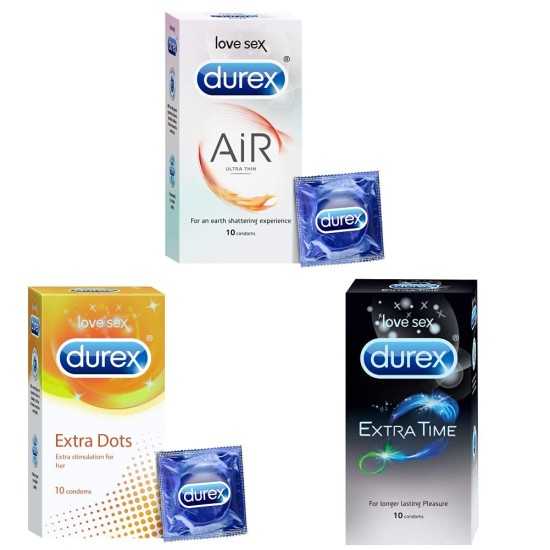 Durex Pleasure Packs - 10 Count (Pack of 3 - Air, Extra Time, Extra DOT) - COMBO OF 3 Durex Pleasure Packs - 10 Count (Pack of 3 - Air, Extra Time, Extra DOT) - COMBO OF 3