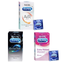 Durex Pleasure Packs - 10 Count (Pack of 3 - Air, Extra Time, Extra Ribbed) - COMBO OF 3