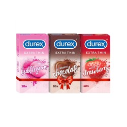 Durex Extra Thin Condoms, 10s, Pack of 3 (Bubblegum + Chocolate + Strawberry)