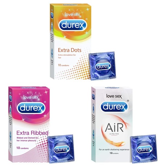 Durex Honeymoon Combo (Extra Dots 10s, Extra Ribbed 10s, Air 10s) - COMBO OF 3