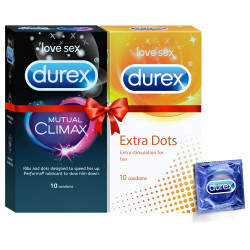 Durex Mutual Climax Condoms - 10 Count + Durex Condoms, Extra DOTTED - 10 Count | Secret Packing of Parcel - Combo of 2