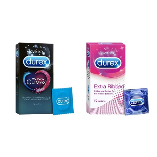 Durex Mutual Climax Condoms - 10 Count + Durex Condoms, Extra Ribbed - 10 Count | Secret Packing of Parcel - Combo of 2 Durex Mutual Climax Condoms - 10 Count + Durex Condoms, Extra Ribbed - 10 Count | Secret Packing of Parcel - Combo of 2