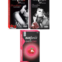 Manforce Condoms Combo Pack (3in1 Strawberry + 3in1 Chocolate + Extra Dotted Litchi Flavoured)- 10 Pieces in a Pack - Combo of 3